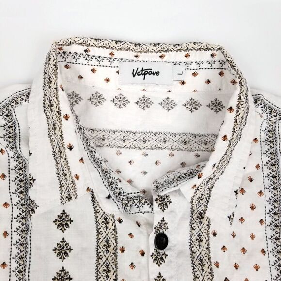 Vatpave White 90s Boho Print Button Down Casual Short Sleeve Shirt Men Large y2k - Picture 4 of 6